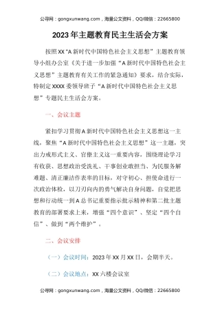 2023年主题教育民主生活会方案