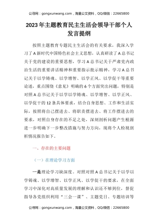 2023年主题教育民主生活会领导干部个人发言提纲(2)