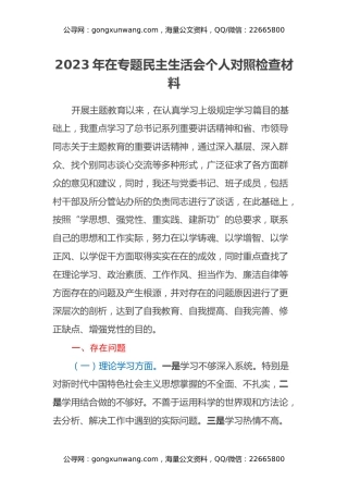 2023年在专题民主生活会个人对照检查材料