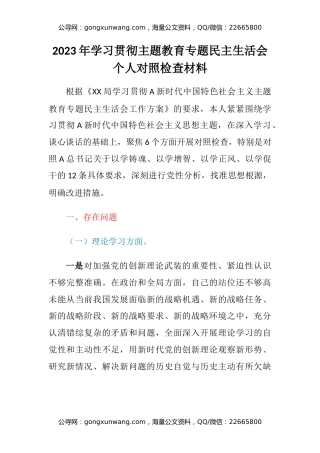 2023年学习贯彻主题教育专题民主生活会六个方面个人对照检查材料
