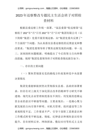 2023年巡察整改专题民主生活会班子对照检查材料