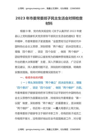2023年市委常委班子 民主生活会对照检查材料