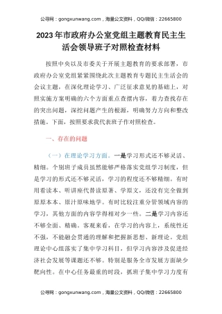 2023年市政府办公室党组主题教育民主生活会领导班子六个方面对照检查材料