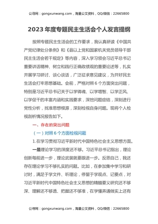 2023年度专题民主生活会个人发言提纲（对照六个方面检视问题+意识形态）