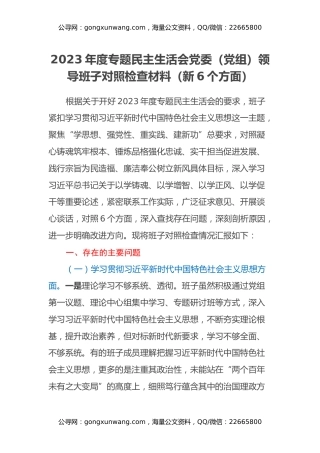 2023年度专题民主生活会党委（党组）领导班子对照检查材料（新6个方面）