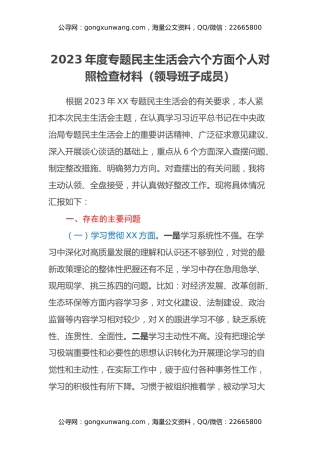 2023年度专题民主生活会六个方面个人对照检查材料（领导班子成员）