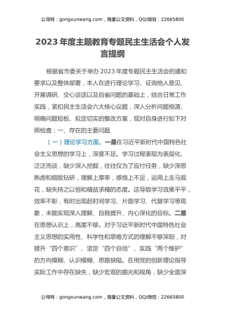 2023年度主题教育专题民主生活会个人发言提纲