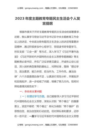 2023年度主题教育专题民主生活会个人发言提纲（六个方面）