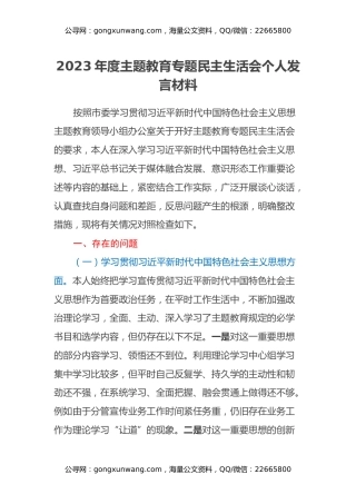 2023年度主题教育专题民主生活会个人发言材料
