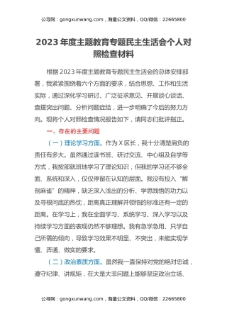 2023年度主题教育专题民主生活会个人对照检查材料