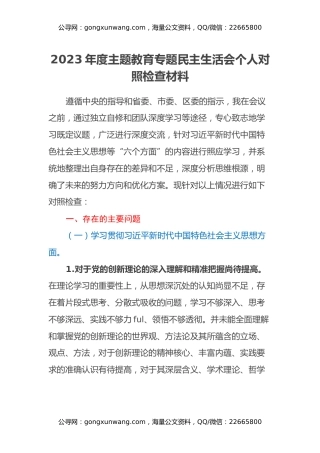2023年度主题教育专题民主生活会个人对照检查材料（新六个方面、反面典型案例剖析）