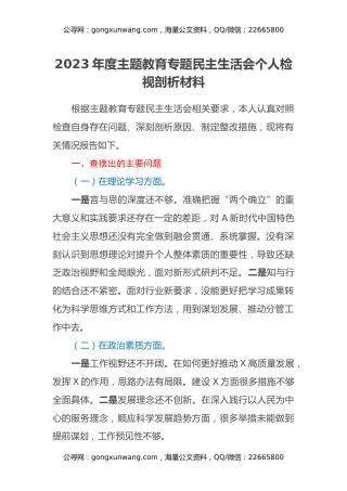 2023年度主题教育专题民主生活会个人检视剖析材料