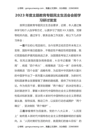 2023年度主题教育专题民主生活会会前学习研讨发言