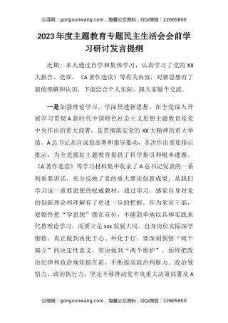 2023年度主题教育专题民主生活会会前学习研讨发言提纲 (6)