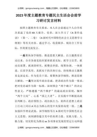 2023年度主题教育专题民主生活会会前学习研讨发言材料