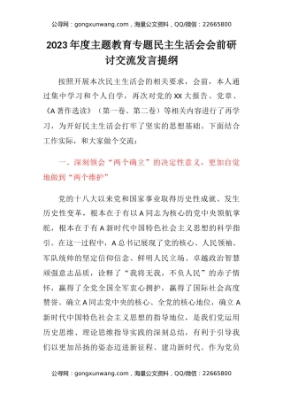 2023年度主题教育专题民主生活会会前研讨交流发言提纲