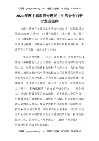 2023年度主题教育专题民主生活会会前研讨发言提纲