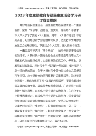 2023年度主题教育专题民主生活会学习研讨发言提纲