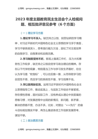 2023年度主题教育民主生活会个人检视问题、相互批评意见参考（6个方面）