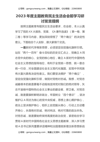 2023年度主题教育民主生活会会前学习研讨发言提纲