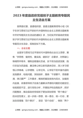 2023年度县政府党组班子主题教育专题民主生活会方案