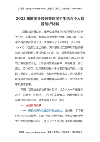 2023年度国企领导专题民主生活会个人检视剖析材料（主题教育收获体会、四个方面）