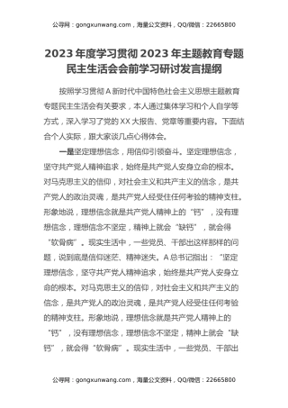 2023年度学习贯彻2023年主题教育专题民主生活会会前学习研讨发言提纲