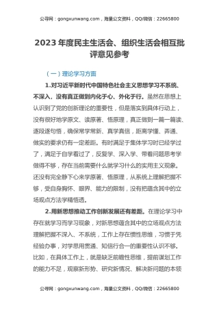 2023年度民主生活会、组织生活会相互批评意见参考