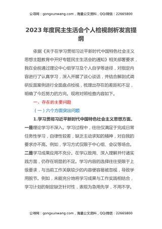 2023年度民主生活会个人检视剖析发言提纲（六个方面）