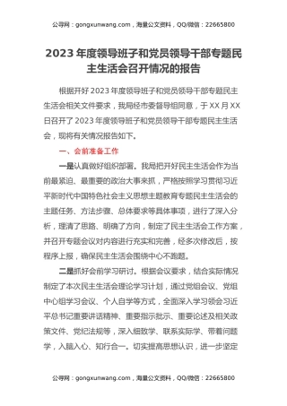 2023年度领导班子和党员领导干部专题民主生活会召开情况的报告