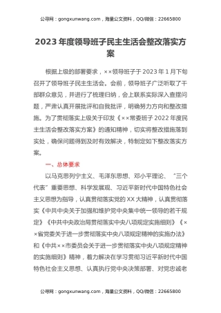 2023年度领导班子民主生活会整改落实方案