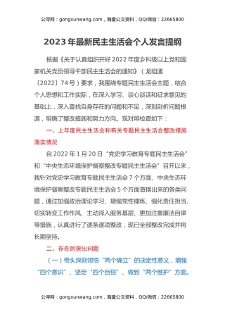 2023年最新民主生活会个人发言提纲