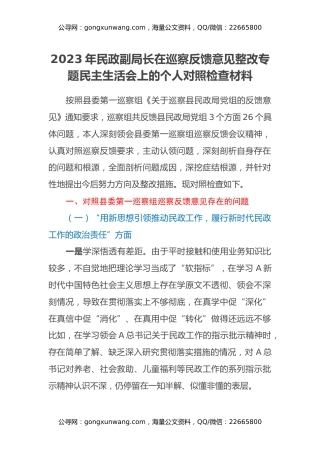 2023年民政副局长在巡察反馈意见整改专题民主生活会上的个人对照检查材料