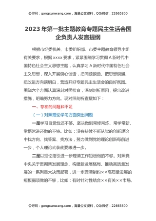 2023年第一批主题教育专题民主生活会国企负责人发言提纲