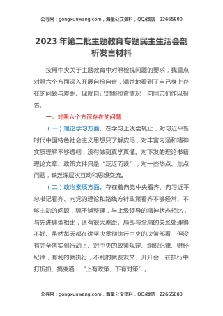 2023年第二批主题教育专题民主生活会剖析发言材料