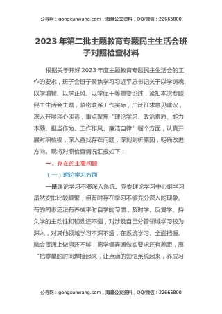 2023年第二批主题教育专题民主生活会班子对照检查材料