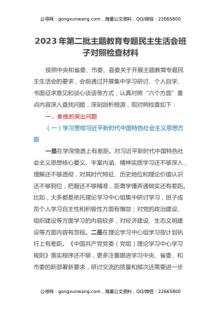 2023年第二批主题教育专题民主生活会班子对照检查材料（2）