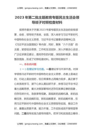 2023年第二批主题教育专题民主生活会领导班子对照检查材料