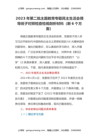 2023年第二批主题教育专题民主生活会领导班子对照检查检视剖析材料（新6个方面）