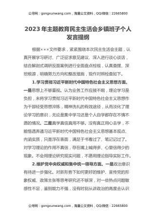 2023年第二批主题教育民主生活会乡镇班子个人发言提纲
