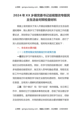 2024年XX乡镇党委书记巡视整改专题民主生活会对照检查材料