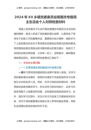 2024年XX乡镇党委委员巡视整改专题民主生活会个人对照检查材料