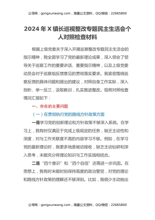 2024年XX镇长巡视整改专题民主生活会个人对照检查材料