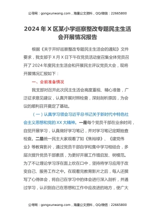 2024年X区某小学巡察整改专题民主生活会开展情况报告