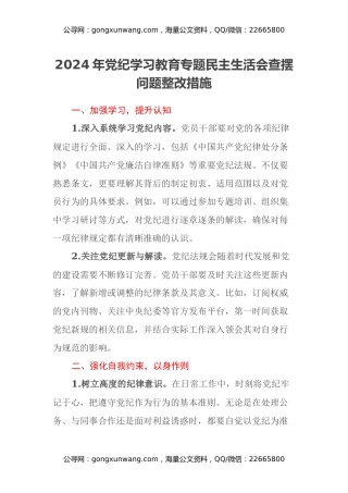 2024年党纪学习教育专题民主生活会查摆问题整改措施