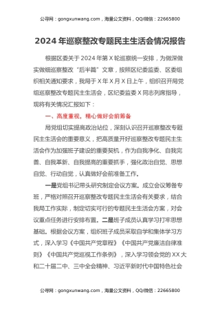 2024年巡察整改专题民主生活会情况报告