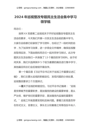 2024年巡视整改专题民主生活会集中学习领学稿