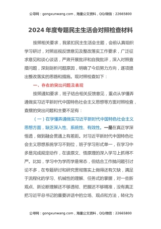 2024年度专题民主生活会对照检查材料