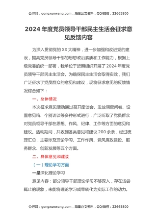 2024年度党员领导干部民主生活会征求意见反馈内容