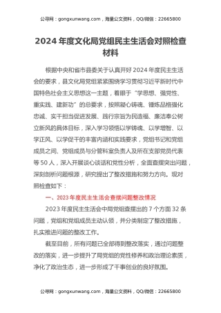 2024年度文化局党组民主生活会对照检查材料（上年度查摆问题整改情况）